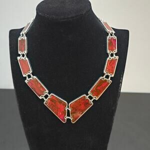 Red Enamel Panel Necklace Geometric Modernist Silver Tone Link Statement Piece